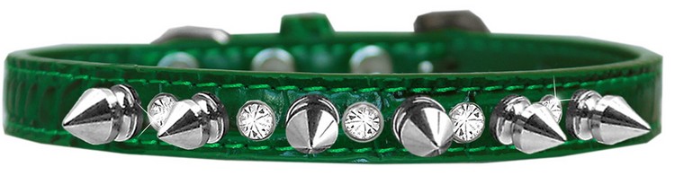 Silver Spike and Clear Jewel Croc Dog Collar Emerald Green Size 10